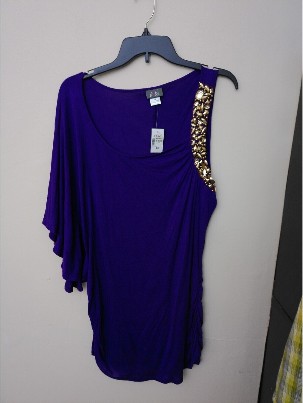 VtG Dots Asymmetrical One Shoulder‎ Top Womens Purple  2X Plus Beaded Draped NWT